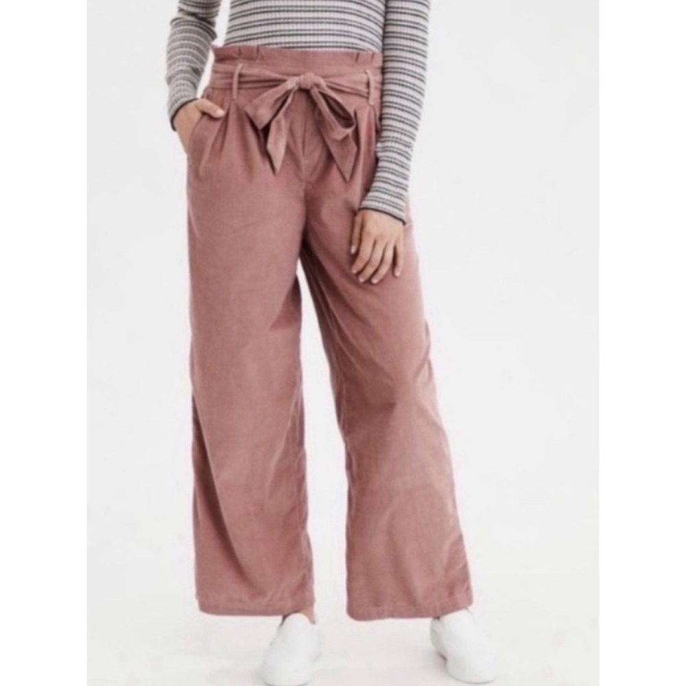 American Eagle Wide Leg Paper Bag Pants  Medium 100% Cotton Belted Waist